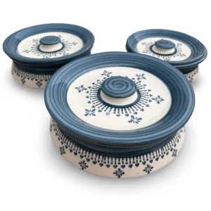 Indaco Fior casserole set of 3 with indigo floral design, great for serving and keeping food warm