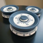 Indaco Fior casserole set of 3 with indigo floral design, great for serving and keeping food warm