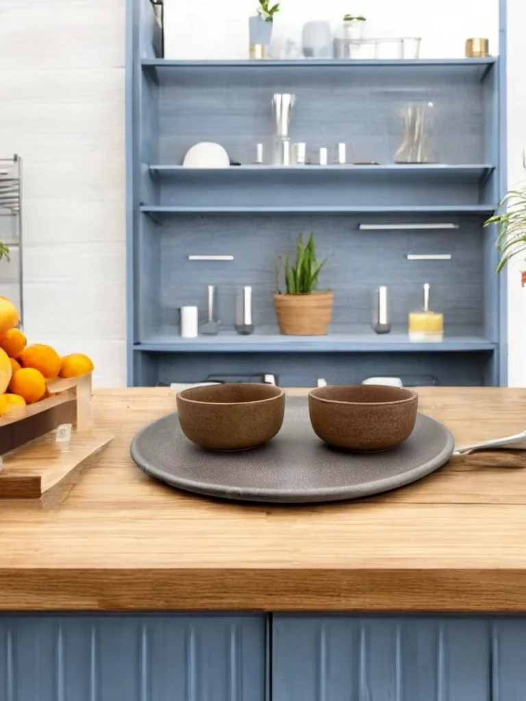 Modern ceramic dinner set with two brown bowls and one grey plate on a sleek kitchen platform