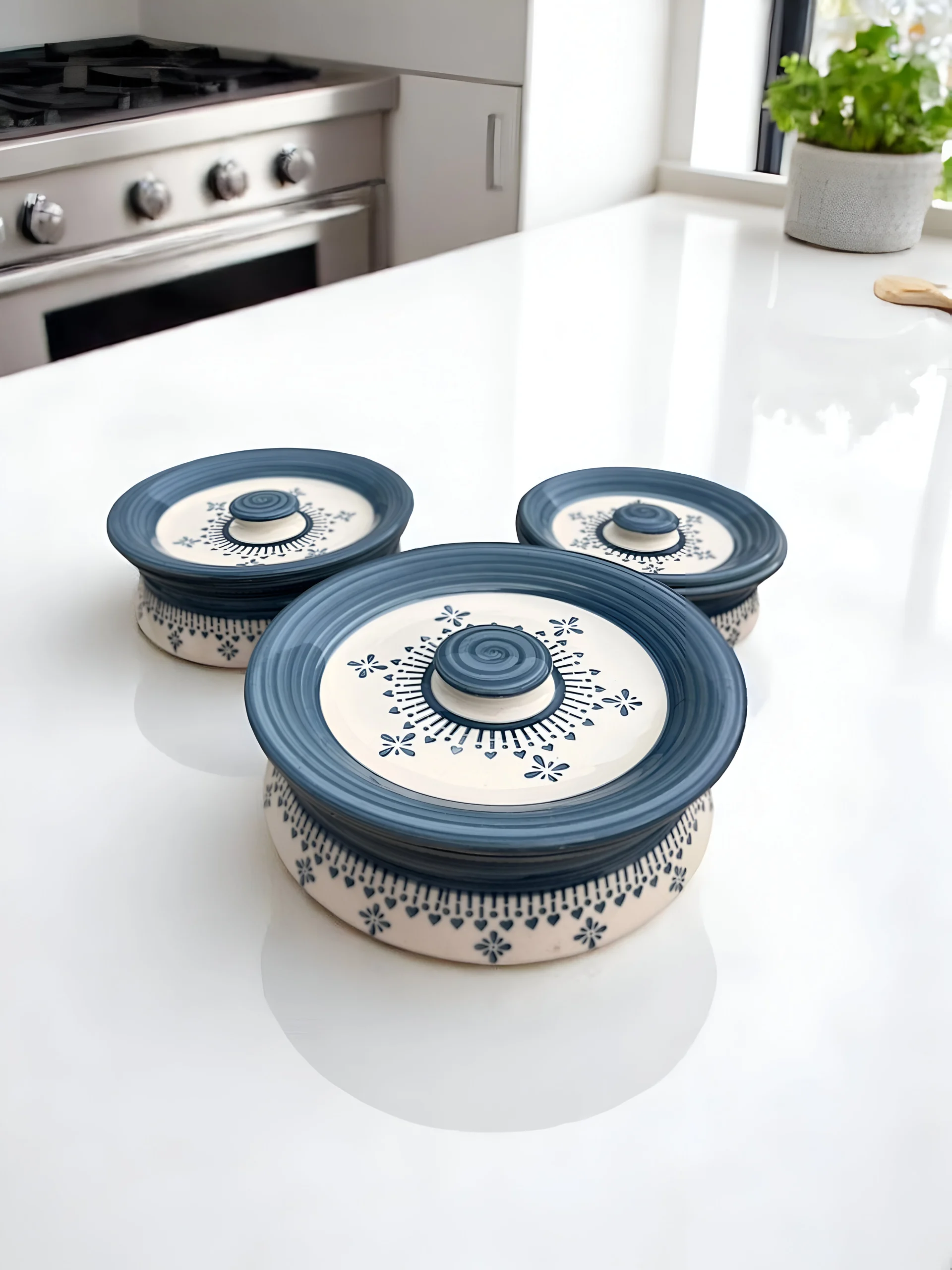 Indaco Fior casserole set of 3 with indigo floral design, great for serving and keeping food warm