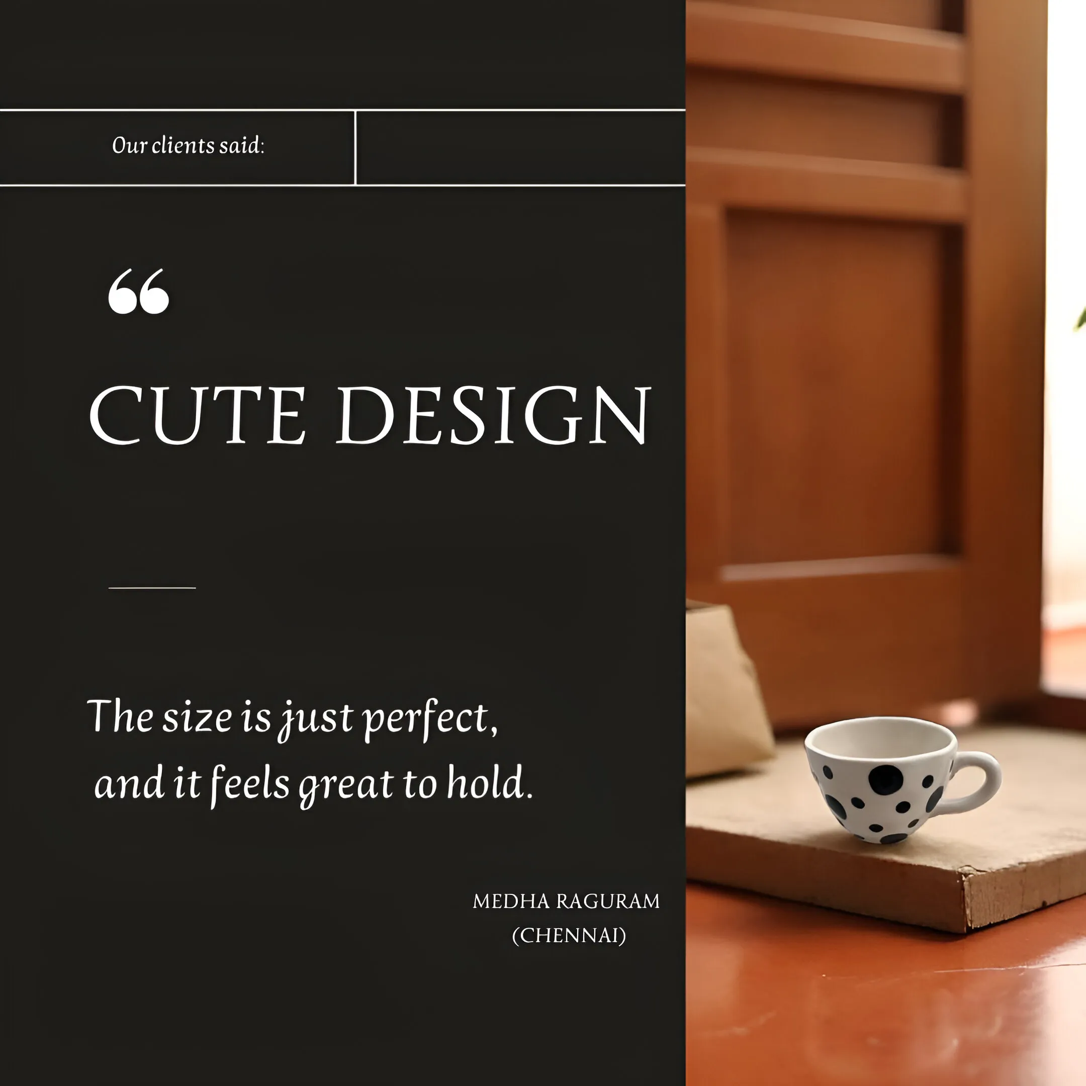 Customer testimonial showing CozyClay ceramic mug in a home setting