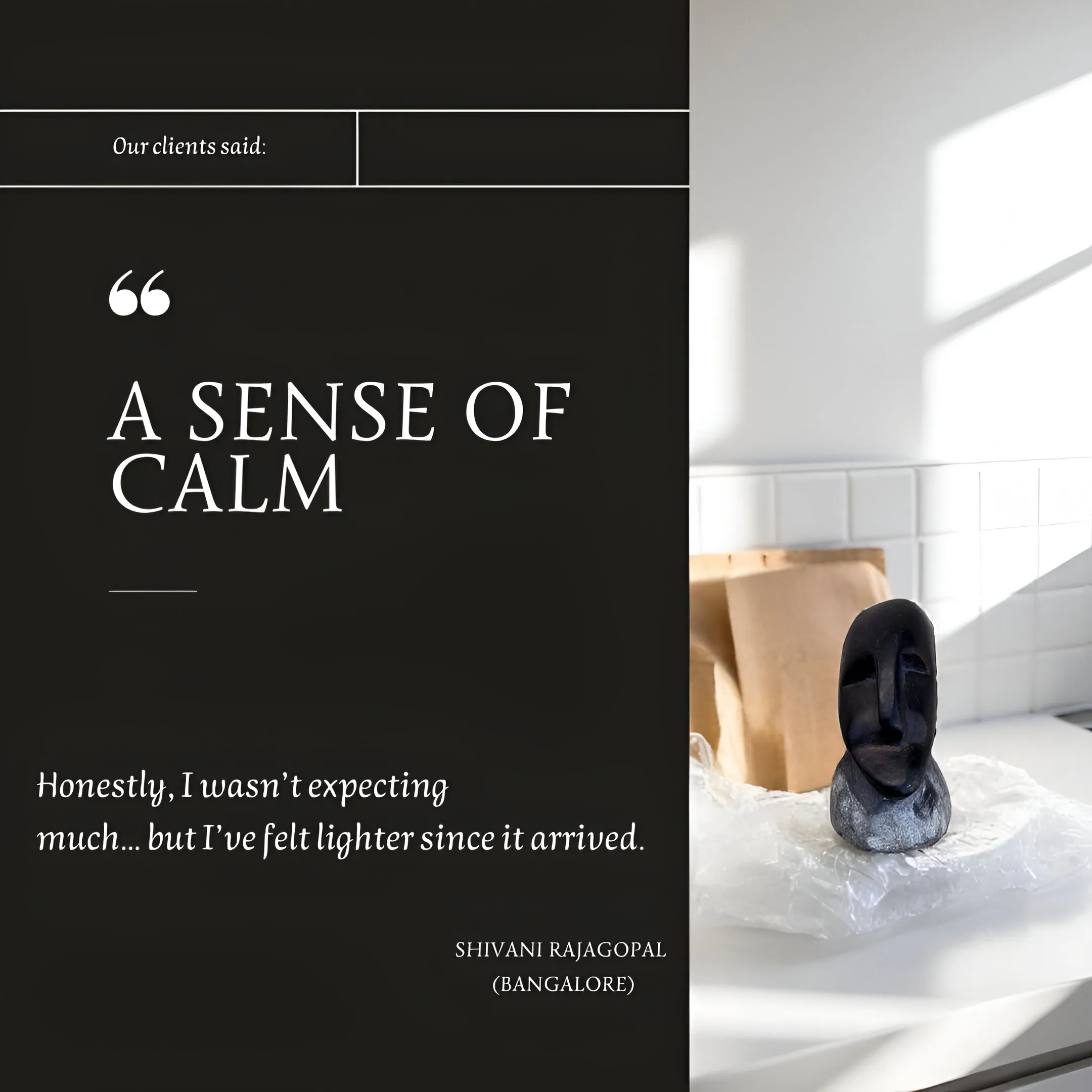 Customer testimonial showing CozyClay stoneware mini sculpture in a home setting
