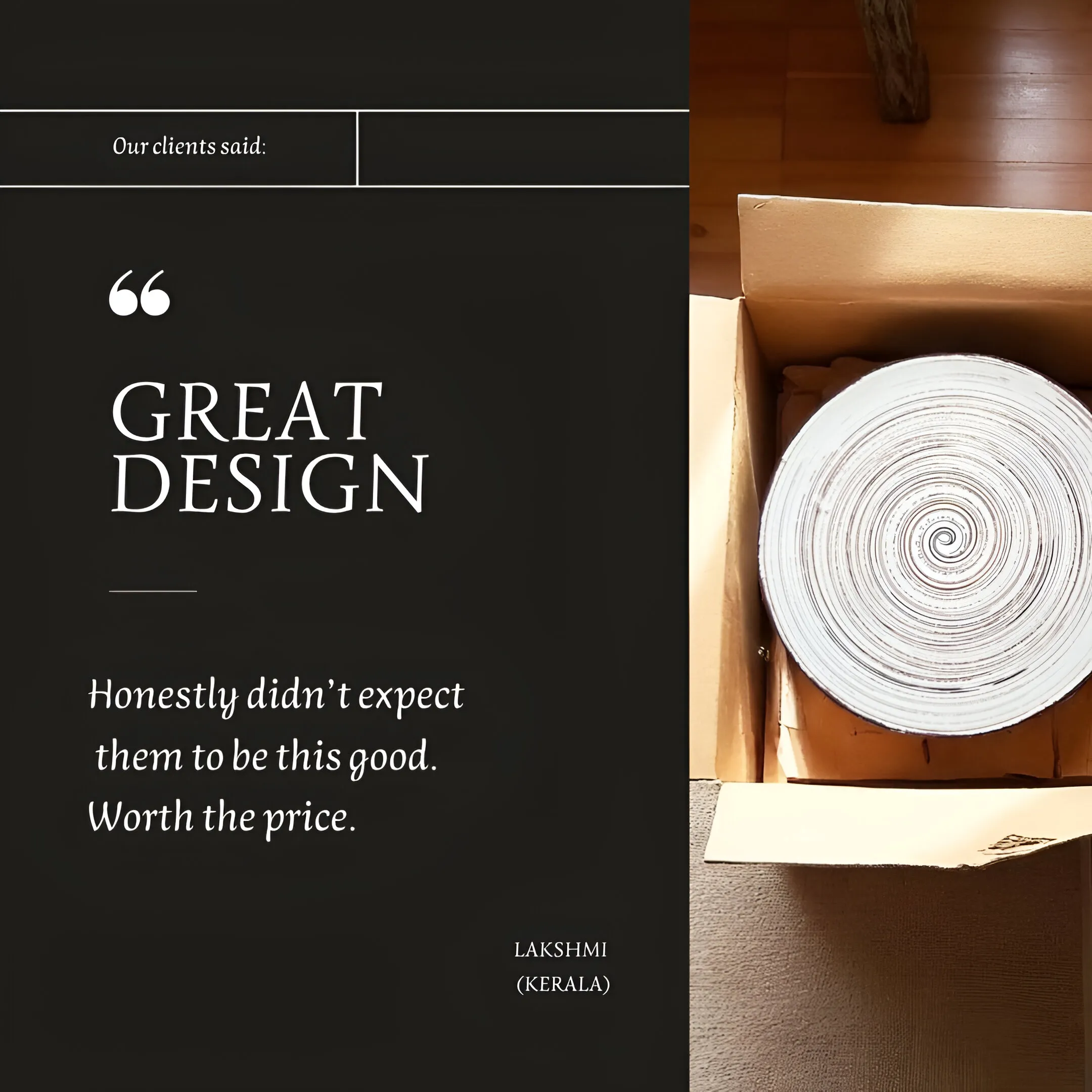 Customer testimonial showing CozyClay ceramic plate placed in a box in a home setting