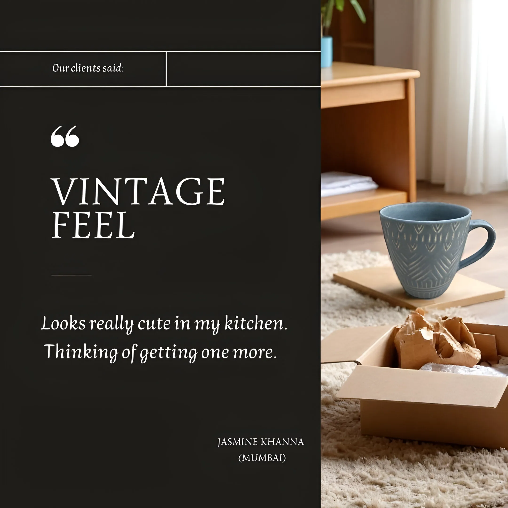 Customer testimonial showing CozyClay ceramic mug in a home setting